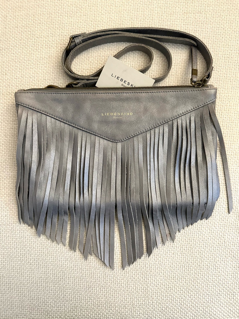 Liebeskind Berlin Gray Fringe Leather Crossbody Bag Purse